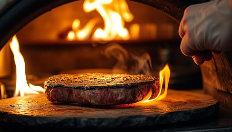 cooking steak in a pizza oven
