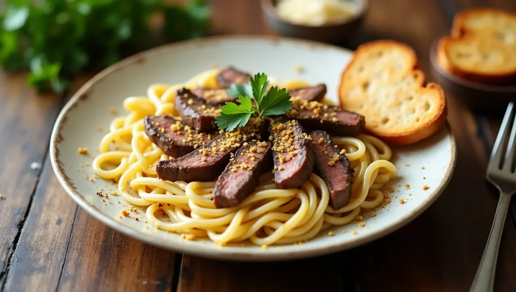 Steak Pasta Dinner Preparation Creamy steak pasta